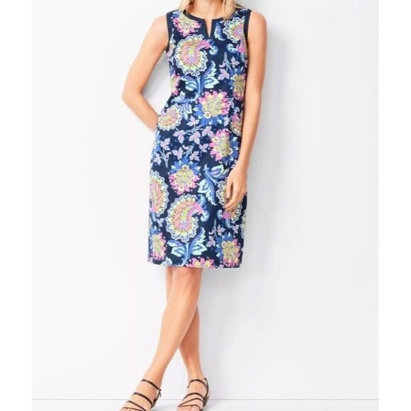 Talbots Shift Dress Womens 6 Blue Paisley Sleeveless Split Neck Cotton NWT - Picture 1 of 11